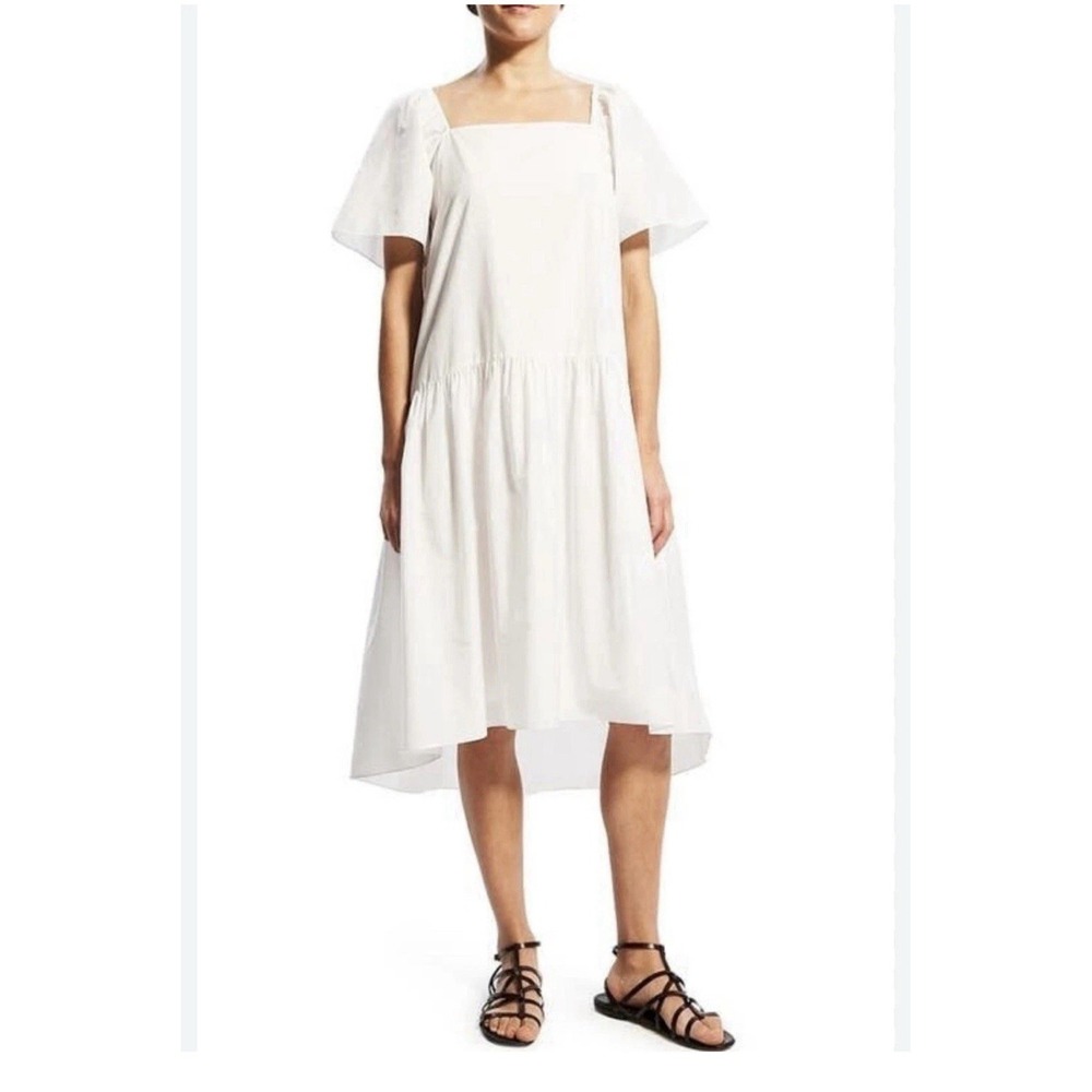 THEORY White Square‎ Neck Tiered Midi A-Line Dress Size M